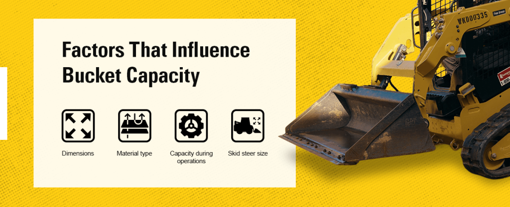 factors that influence bucket capacity are dimensions, material, capacity, skid steer size