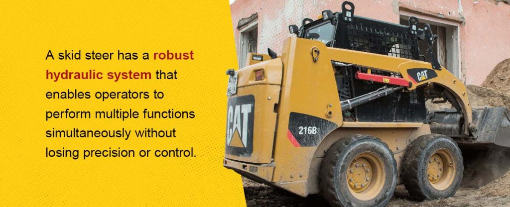 skid steer has robust hydraulic system for multiple functions with control